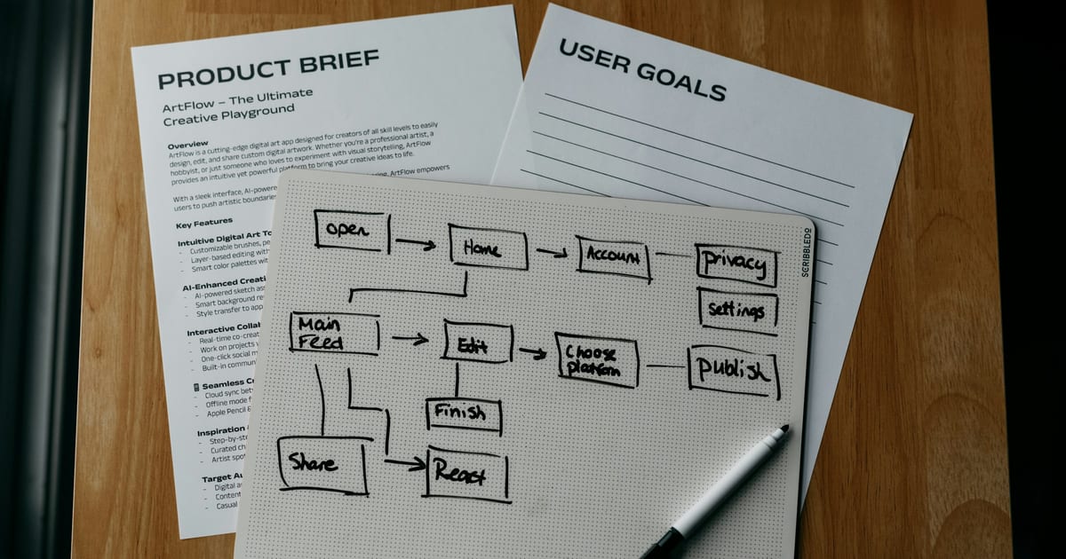 A hand-drawn workflow diagram on paper beside written notes.